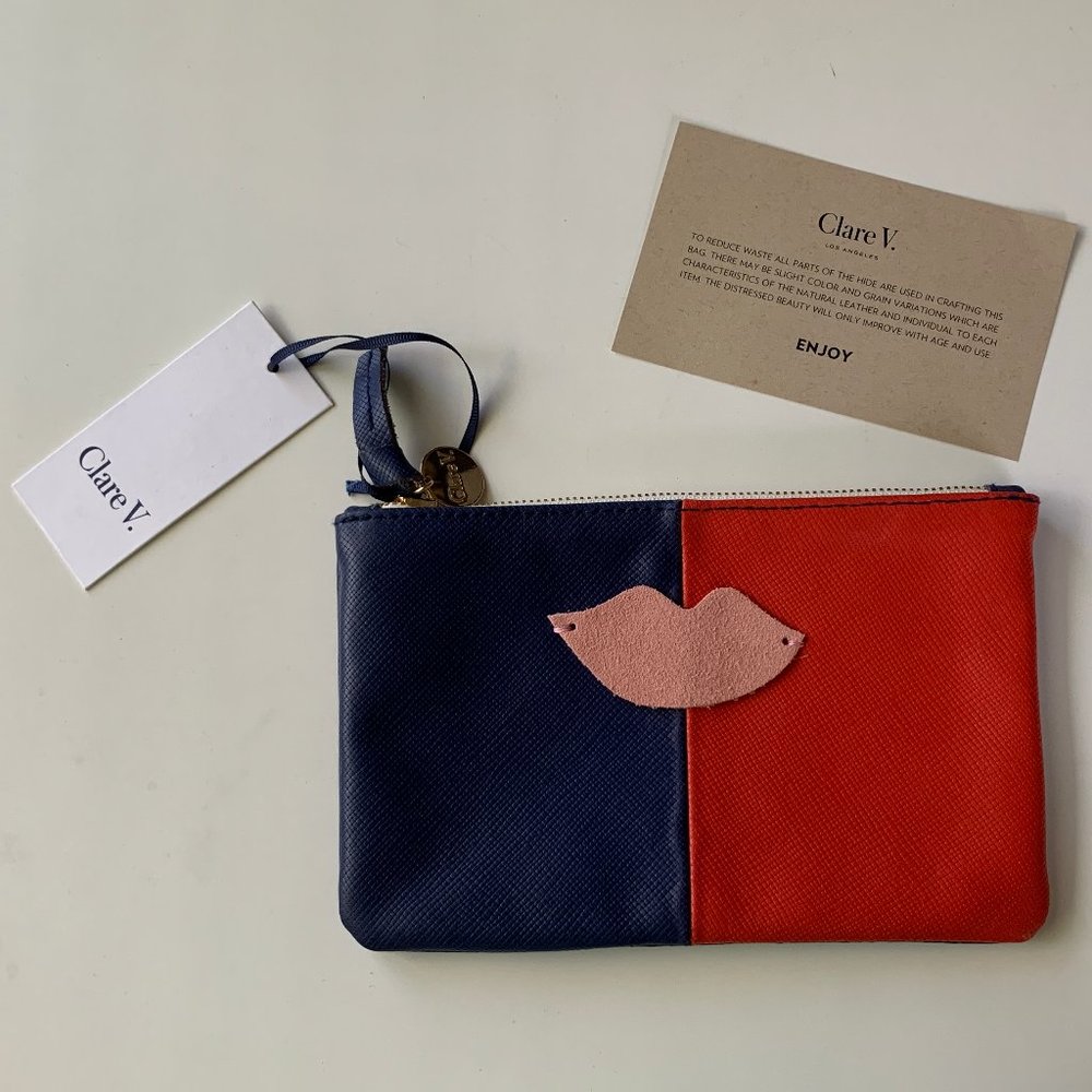 Clare V Wallet Clutch Red and Blue with Pink Lips NWT